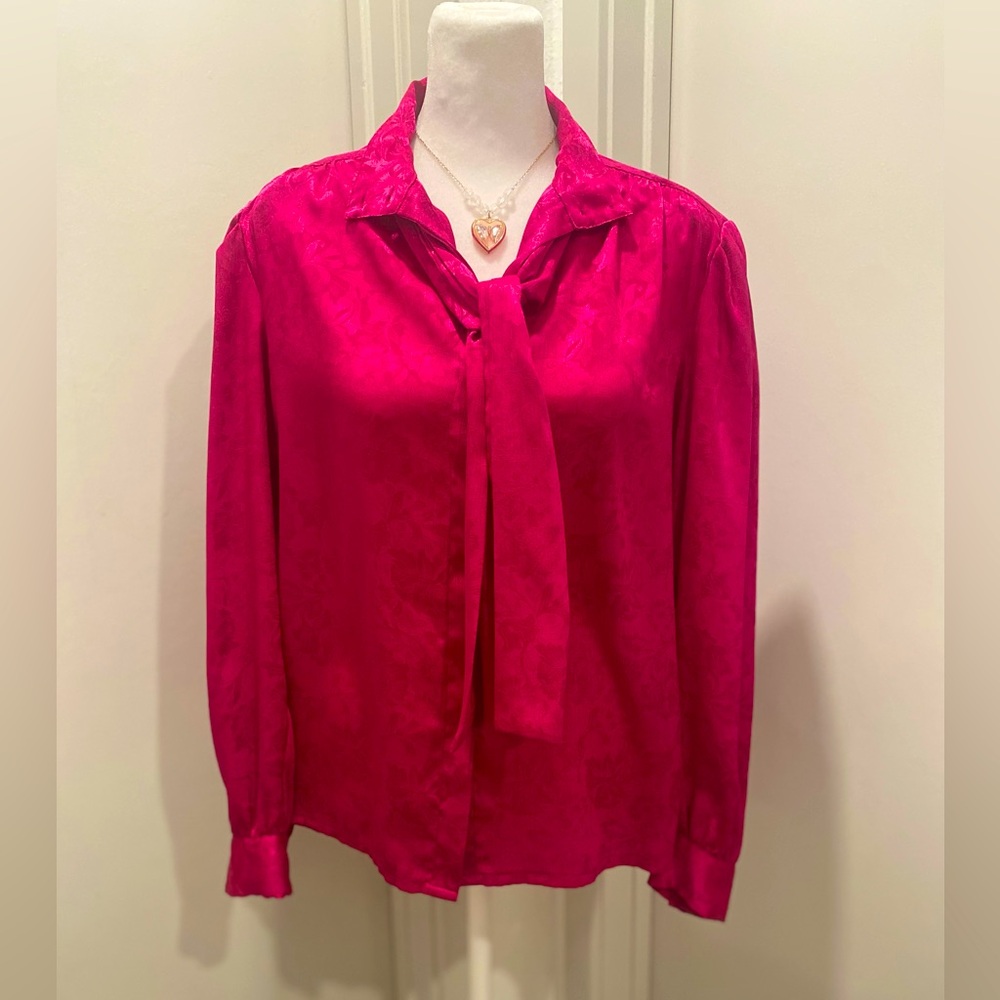 VTG 80s La Chine Classic by Galinda Wang Hot Pink Floral Jacquard Long Sleeve 10